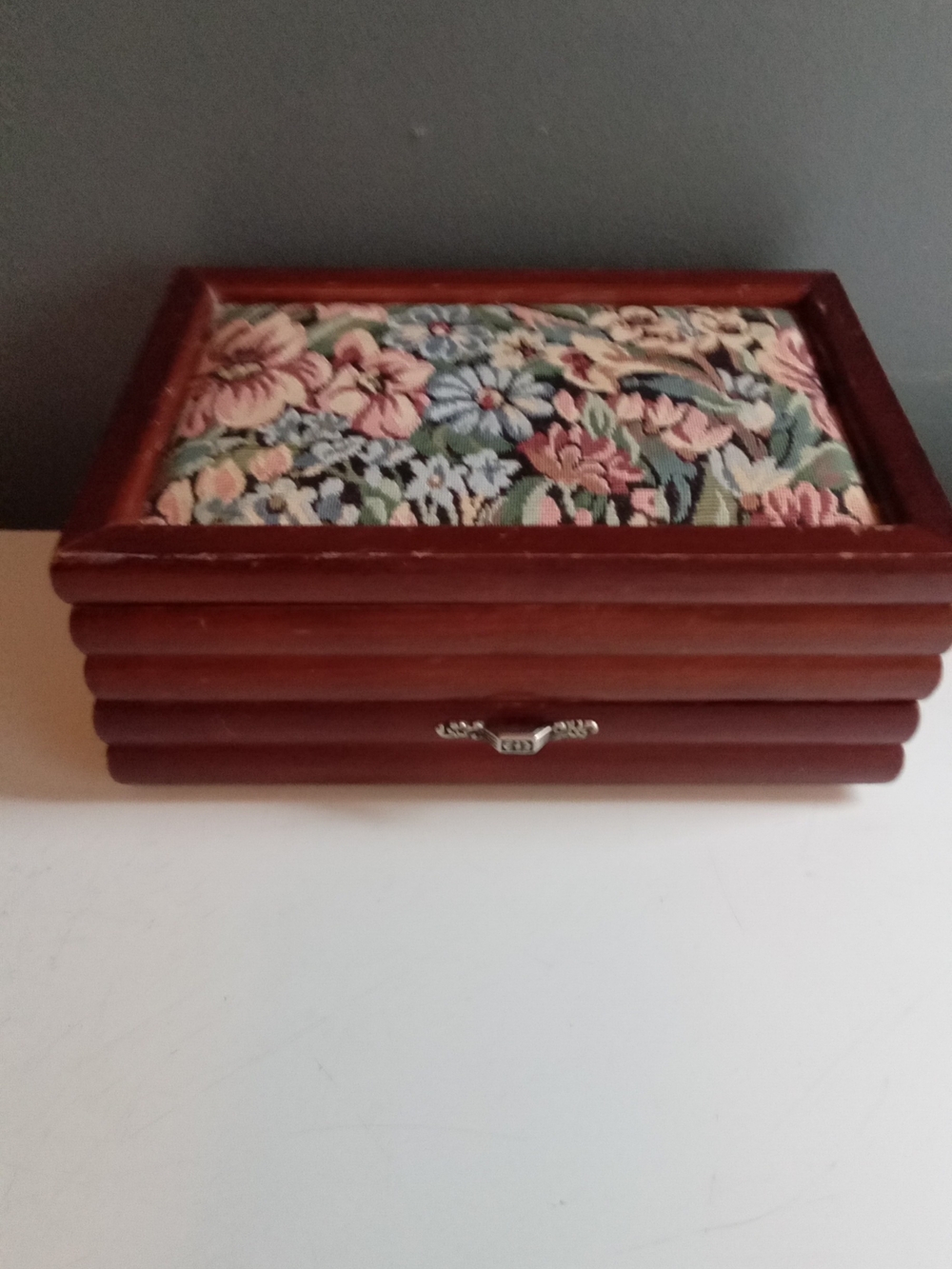 Wooden Floral Upholstered Jewelry Box in Brown